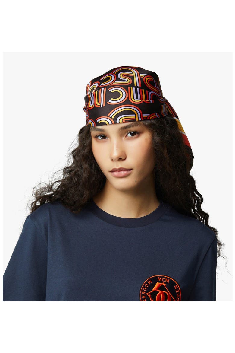 Disco Monogram Scarf in Organic Silk, Alternate, color, Cinnamon