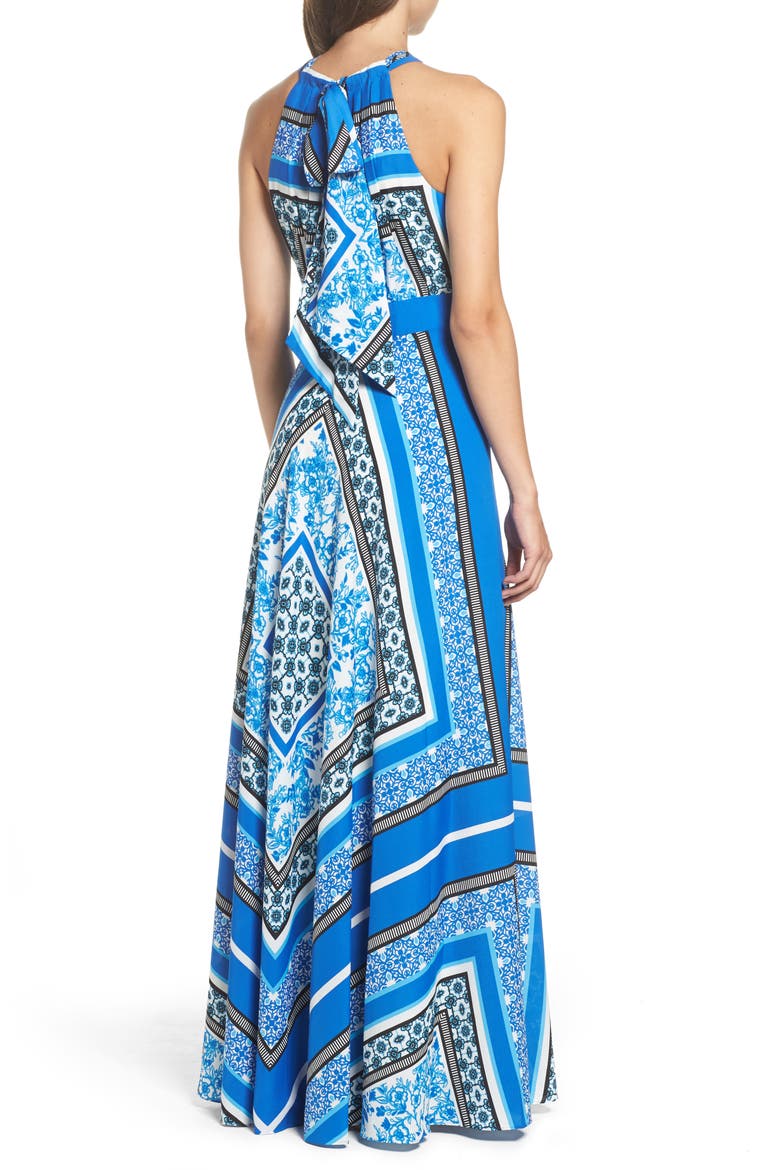 Scarf Print Halter Crêpe de Chine Maxi Dress, Alternate, color, BLUE