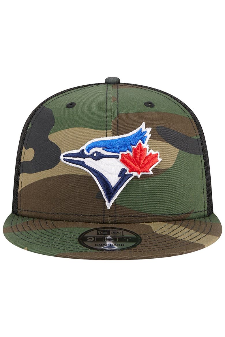 Men's New Era Camo Toronto Blue Jays Woodland Camo Trucker 9FIFTY Snapback Hat, Alternate, color, Camo
