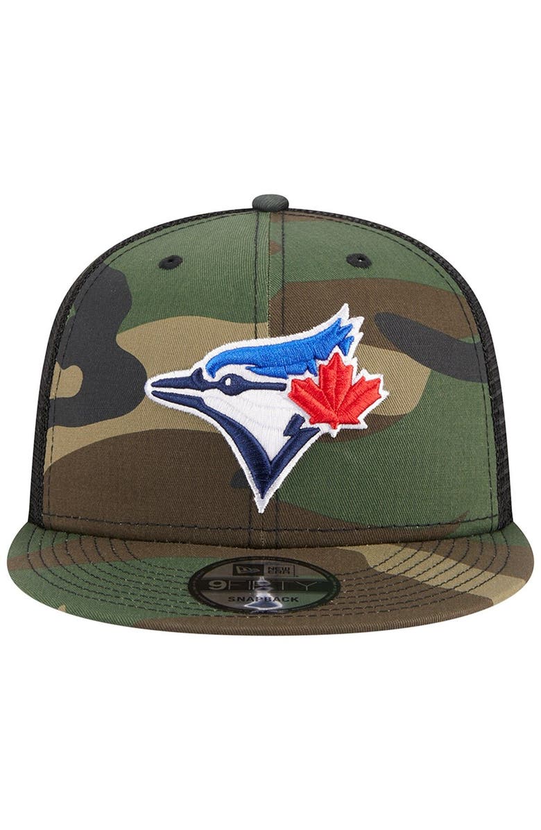 New Era Men's New Era Camo Toronto Blue Jays Woodland Camo Trucker 9FIFTY Snapback Hat, Alternate, color,