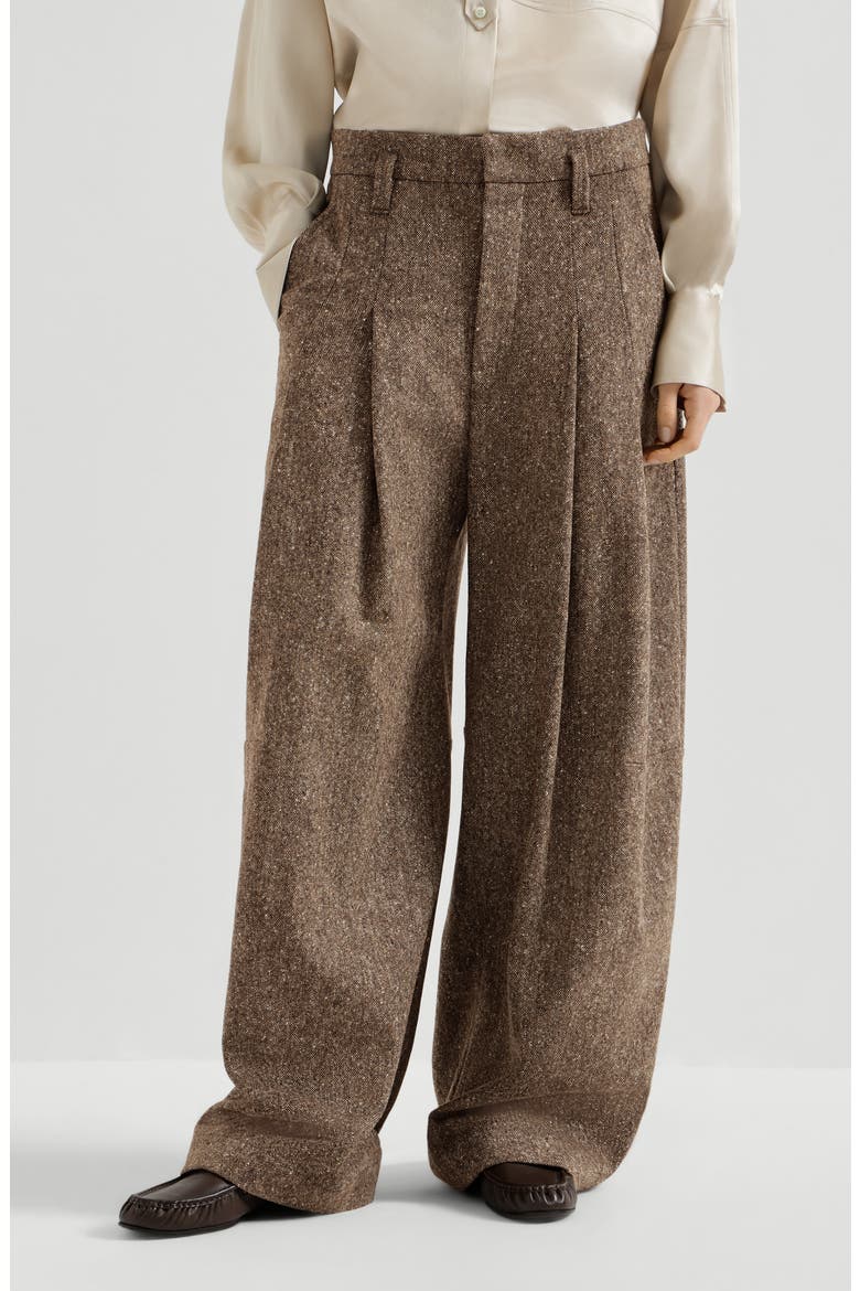 Virgin wool donegal pleated barrel trousers with monili, Main, color, Light Brown