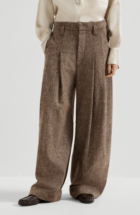 Virgin wool donegal pleated barrel trousers with monili