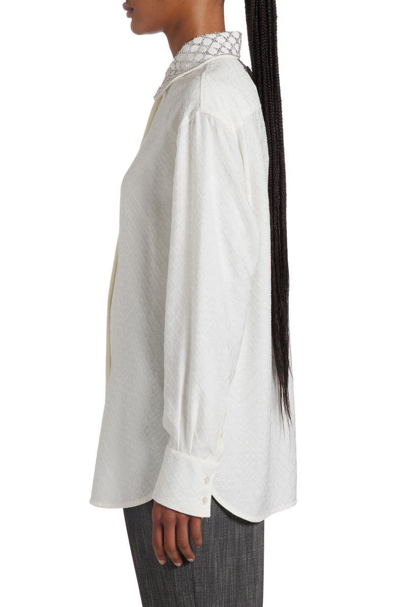 Golden Goose Crystal Embellished Jacquard Silk Blend Button-Up Shirt, Alternate, color, Heritage White