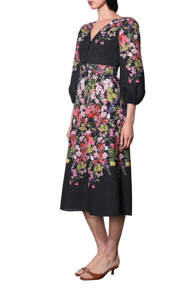 Tessa Floral Print Balloon Sleeve Midi Dress, Alternate, color, BLACK FLORAL