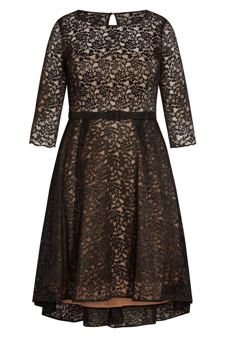 Belted Lace A-Line Dress, Alternate, color, BLACK