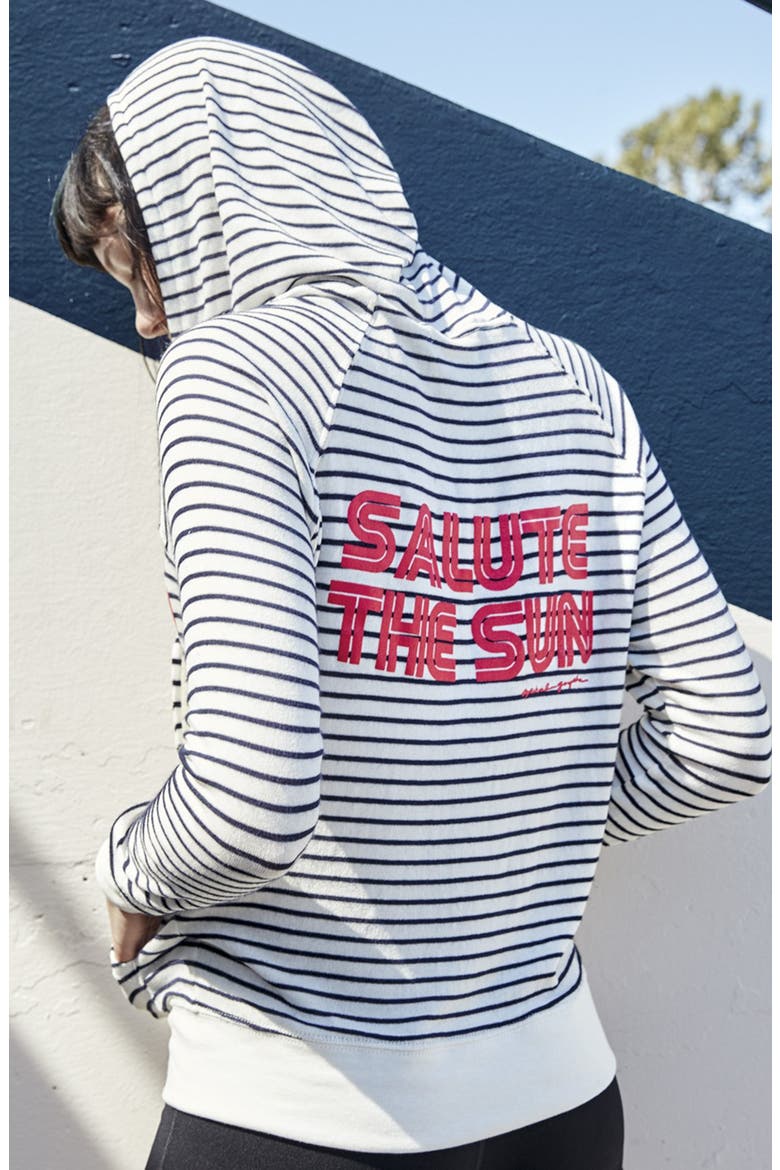 'Retro Salute Savasana' Stripe Full Zip Hacci Hoodie, Alternate, color, NAVY