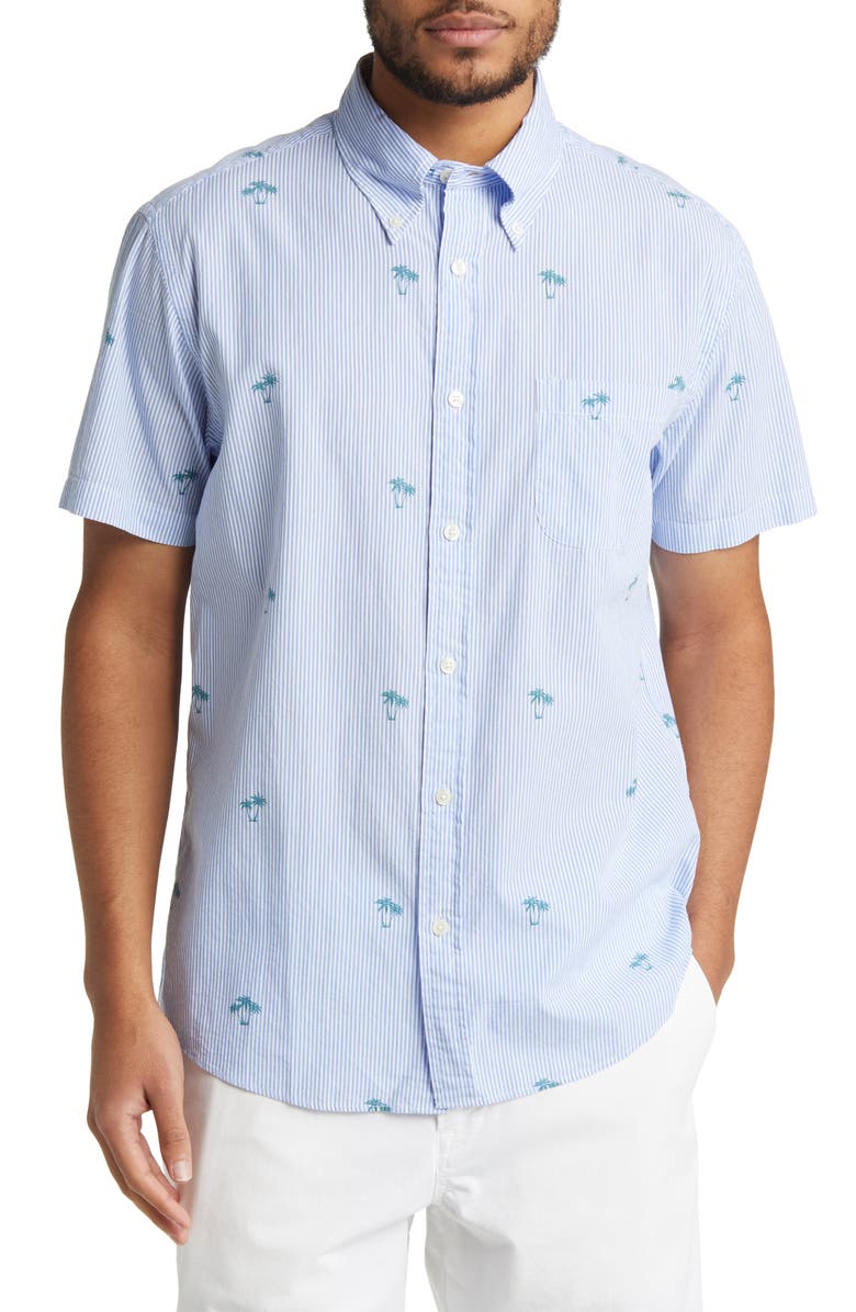 Brooks Brothers Regent Fit Seersucker Stripe Short Sleeve Button-Down Shirt, Main, color, Blue Stripe Palm