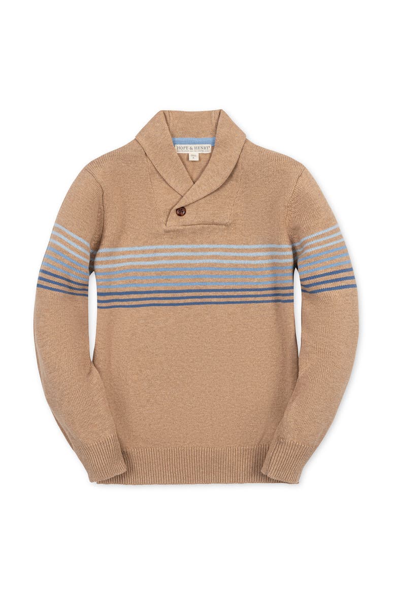 Kids' Organic Shawl Collar Stripe Sweater, Main, color, Camel Heather Stripe