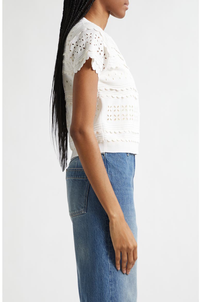 Abriana Eyelet Scallop Trim Cardigan, Alternate, color, COWRIE