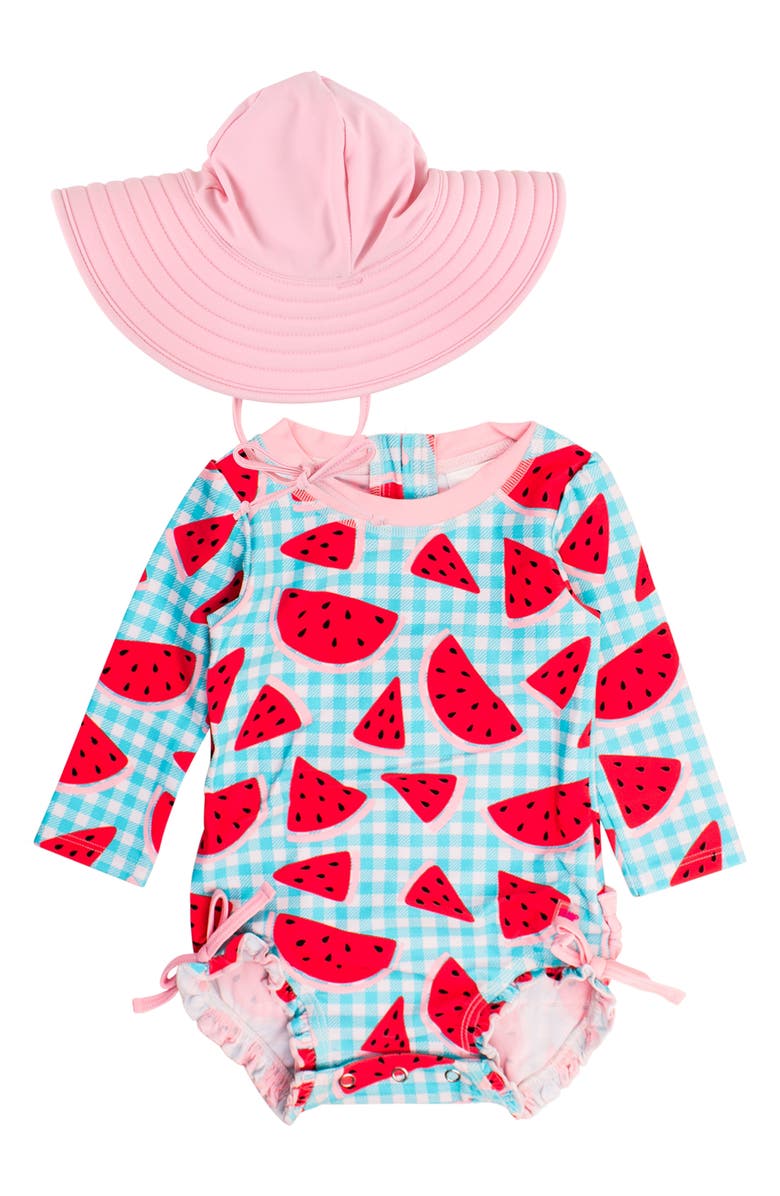 RuffleButts Watermelon Gingham One-Piece Rashguard Swimsuit & Hat Set, Main, color, 