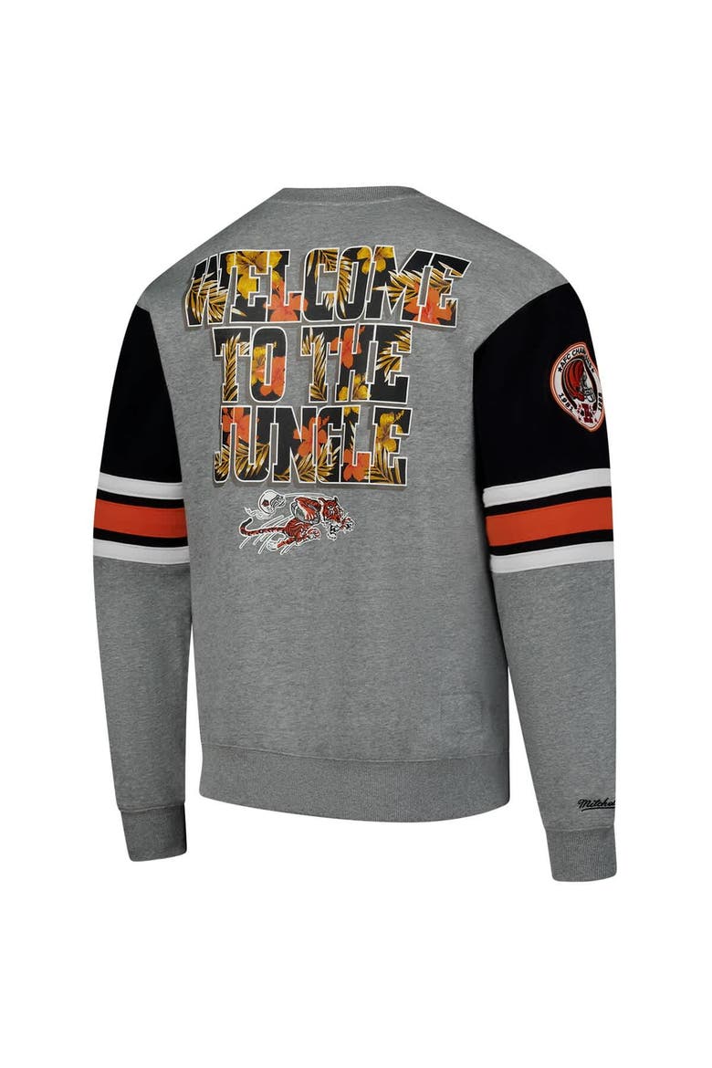 Men's Mitchell & Ness Heather Gray Cincinnati Bengals All Over 4.0 Vintage Logo Pullover Sweatshirt, Alternate, color, Heather Gray