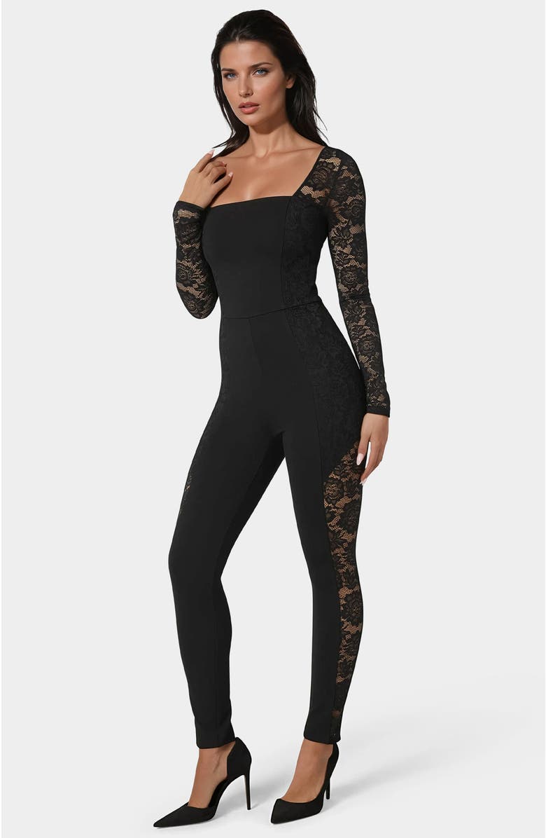 bebe Lace Combo Cat Suit, Alternate, color, Black