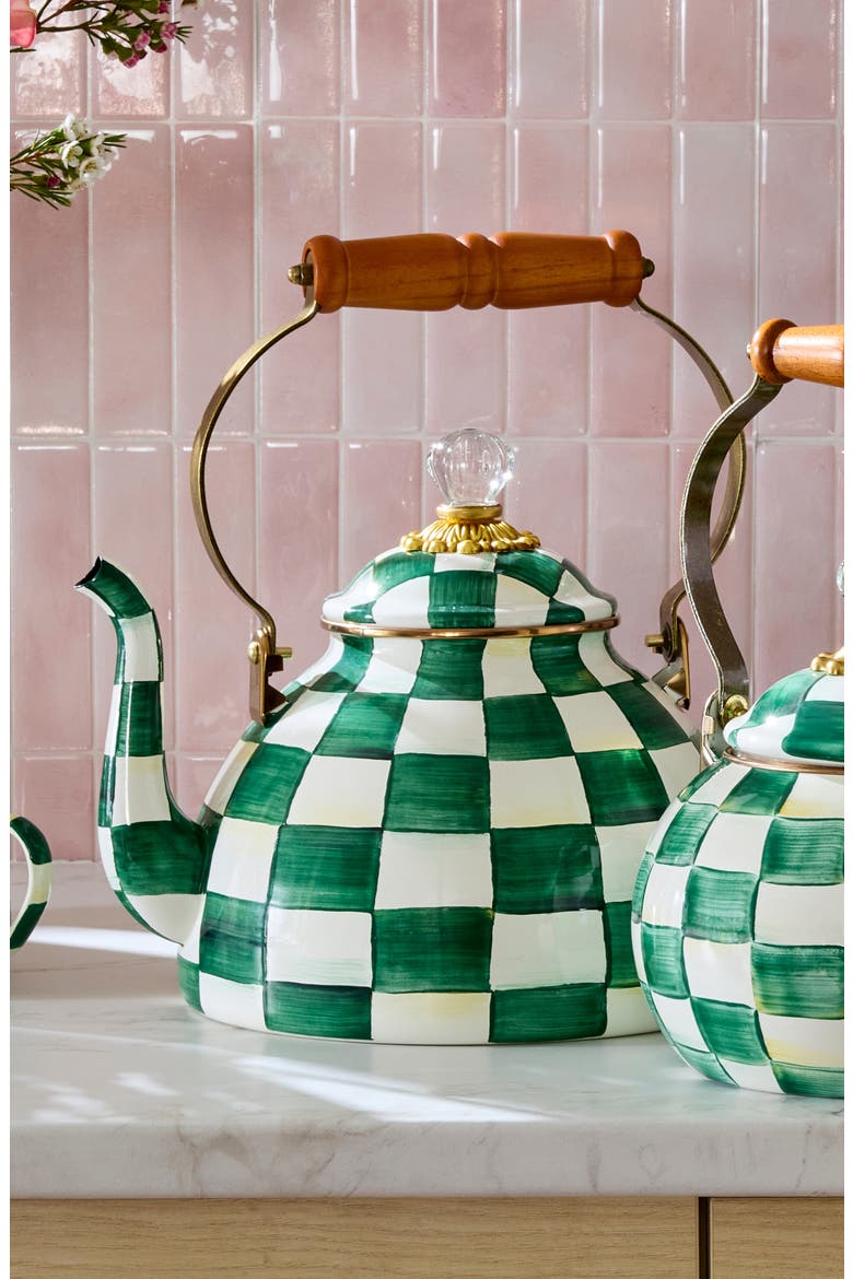Emerald Check Enameled Steel 3-Quart Tea Kettle, Alternate, color, EMERALD