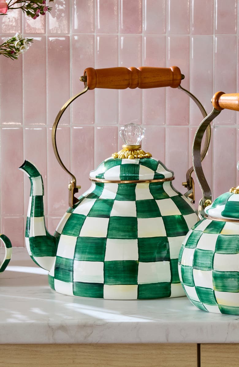 MACKENZIE CHILDS Emerald Check Enameled Steel 3-Quart Tea Kettle, Alternate, color, Emerald