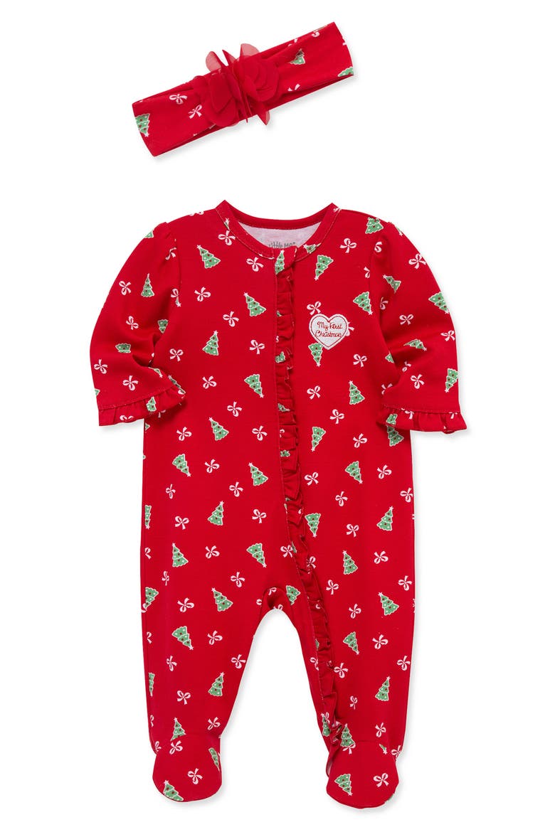 Pretty Trees Footie & Headband Set, Alternate, color, RED