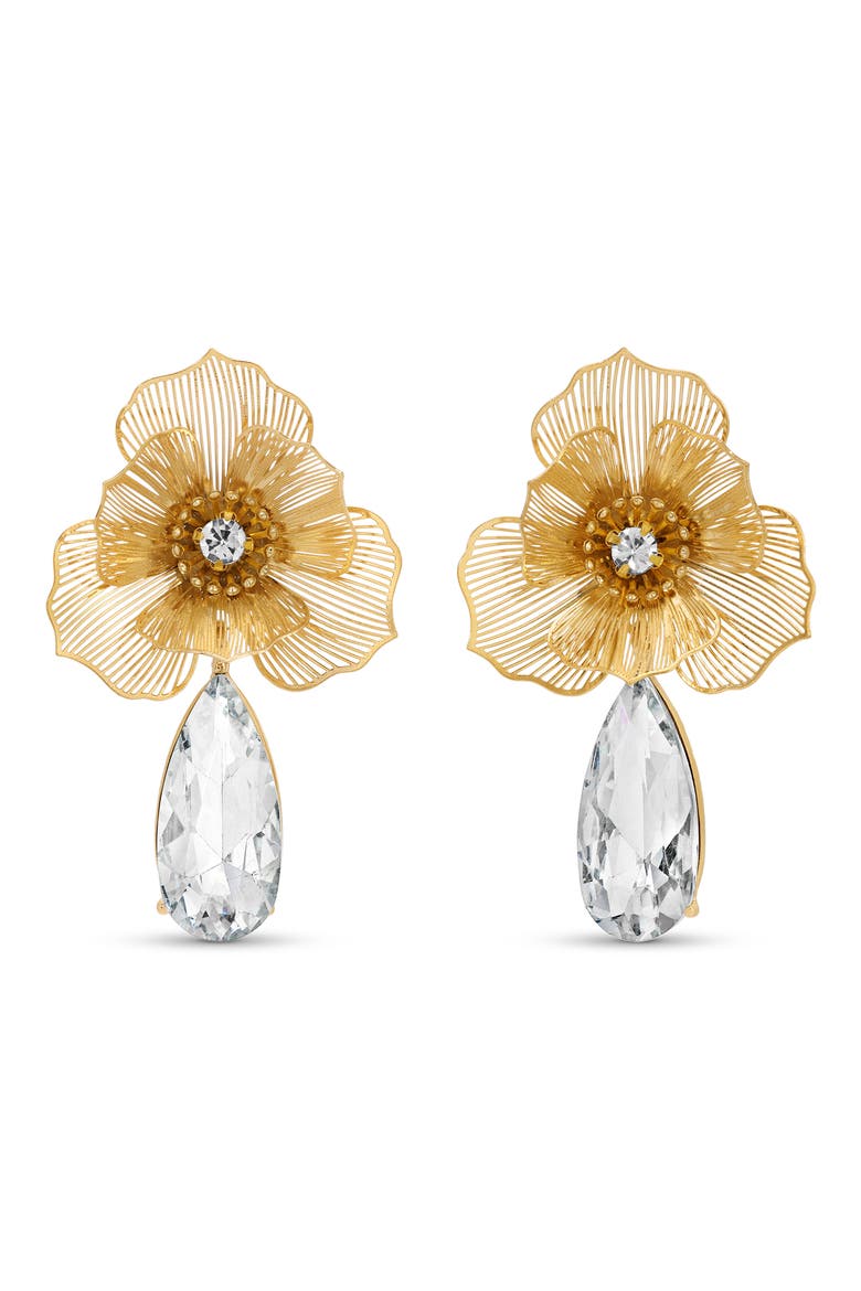 Beatrice Flower Crystal Drop Earrings, Main, color, GOLD