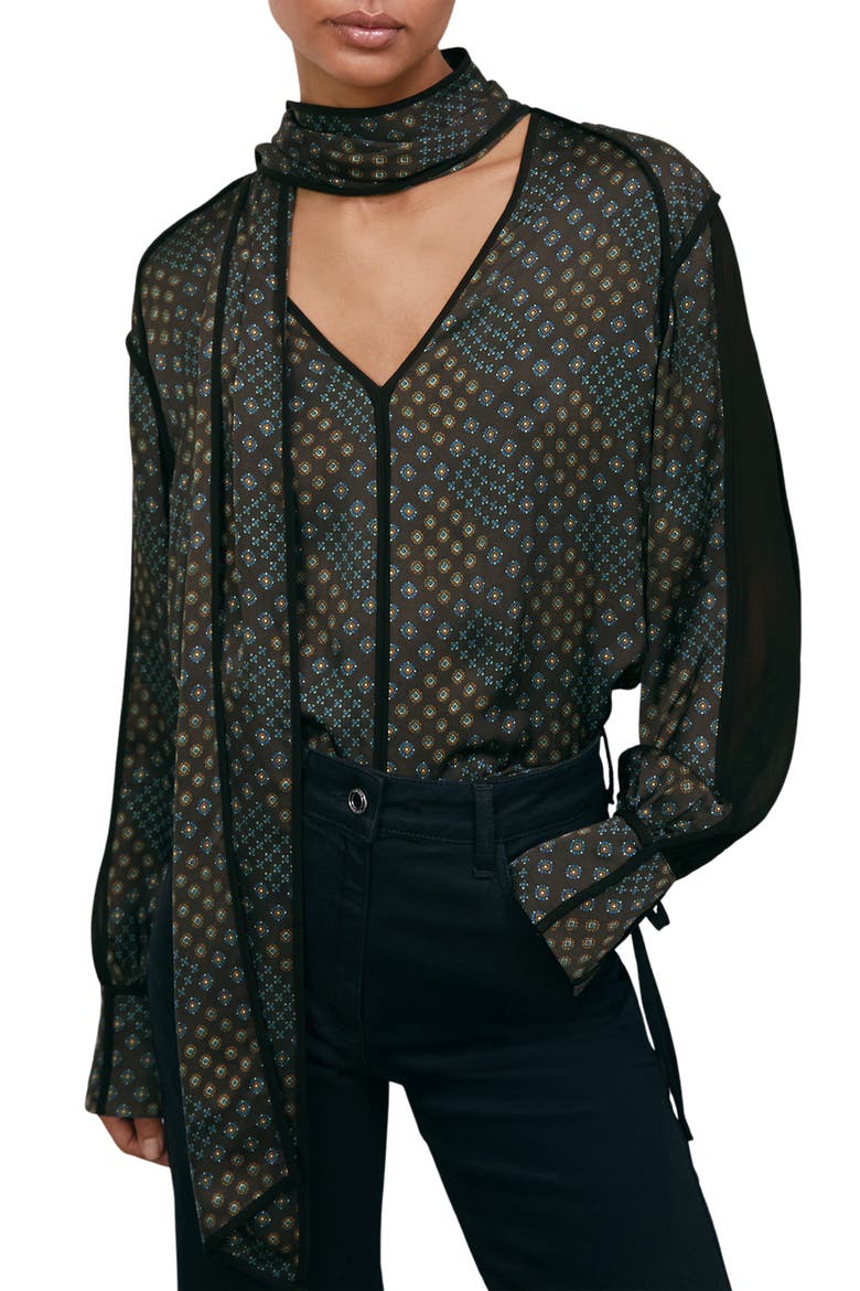 Eddie Foulard Print Tie Front Button-Up Shirt, Main, color, NAVY