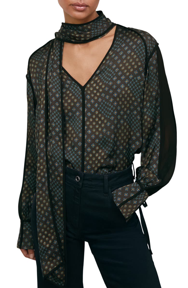 Reiss Eddie Foulard Print Tie Front Button-Up Shirt, Main, color, Navy