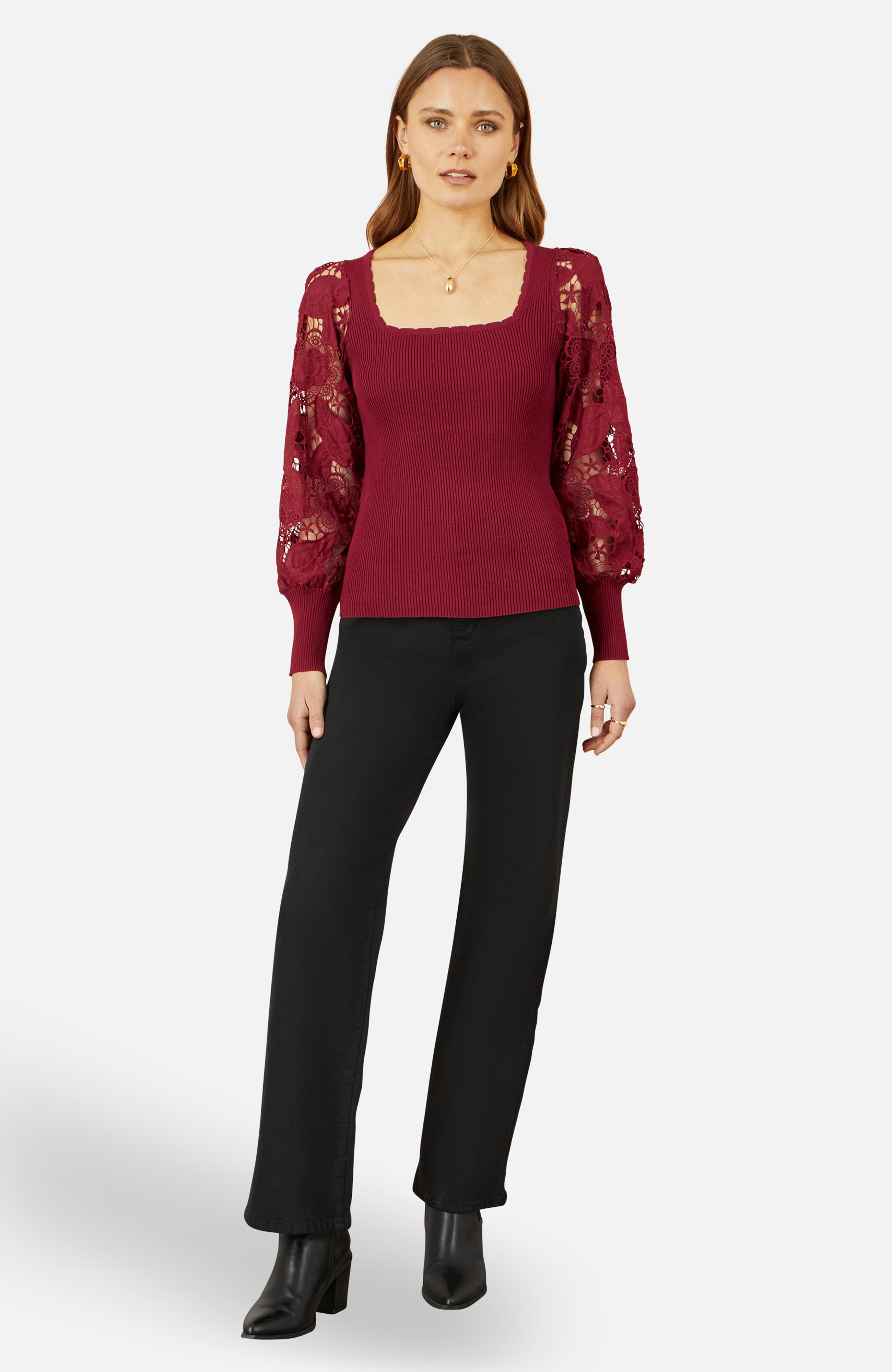 Ribbed Knitted Lace Sleeve Sweater - image 4