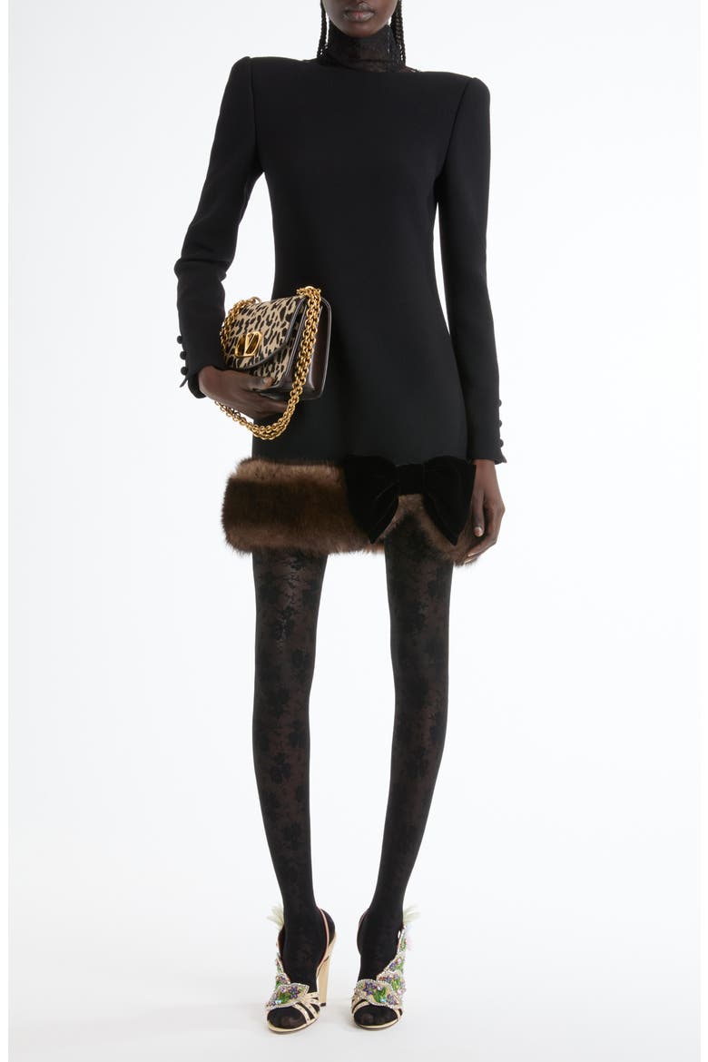 Long Sleeve Wool Crepe Minidress with Genuine Shearling Trim, Alternate, color, BLACK