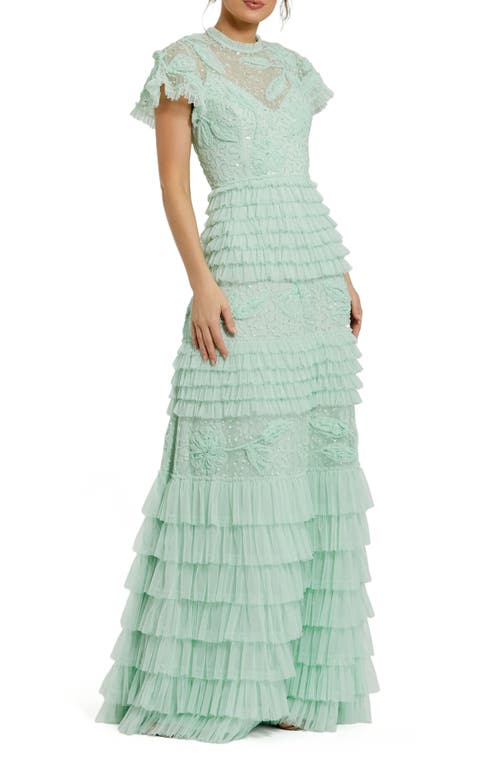Mac Duggal Beaded Mesh High Neck Micro Ruffle Floral Gown In Sage