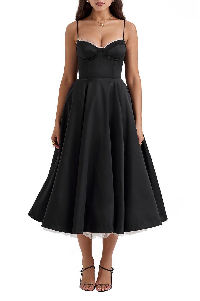 Mademoiselle Bustier Stretch Satin Midi Dress, Main, color, BLACK