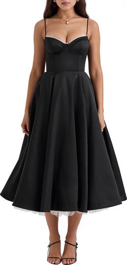 Mademoiselle Bustier Stretch Satin Midi Dress