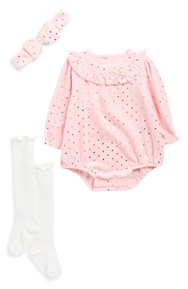 Little Me Pink Shine Velour Bubble, Headband & Socks Set, Main, color, Pink