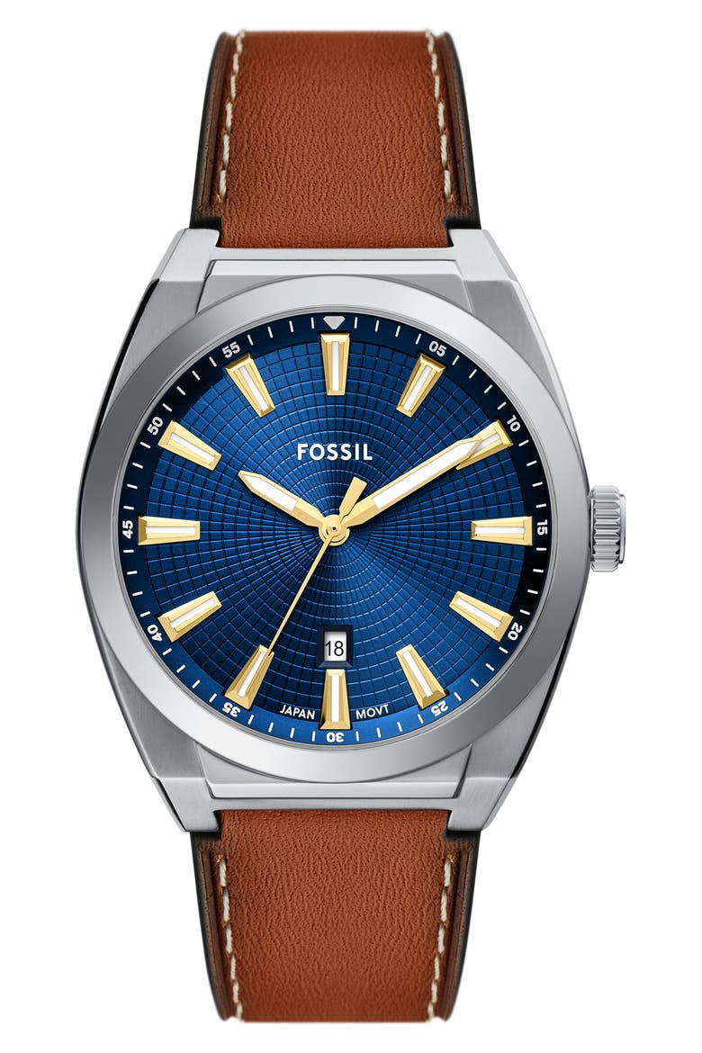 Everett Leather Strap Watch, 42mm, Main, color, BLUE/ BROWN