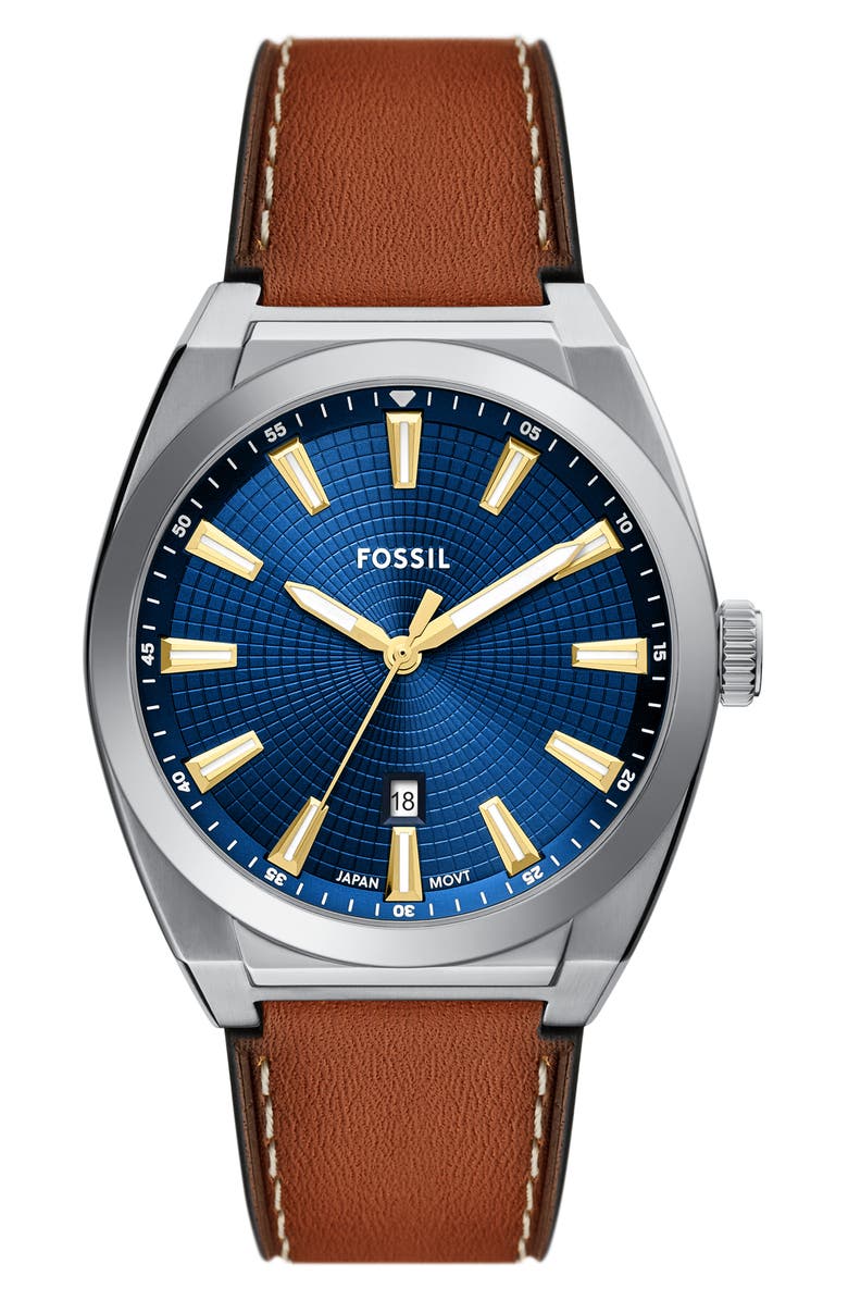 Fossil Everett Chronograph Leather Strap Watch, 44mm, Main, color, Blue/ Brown