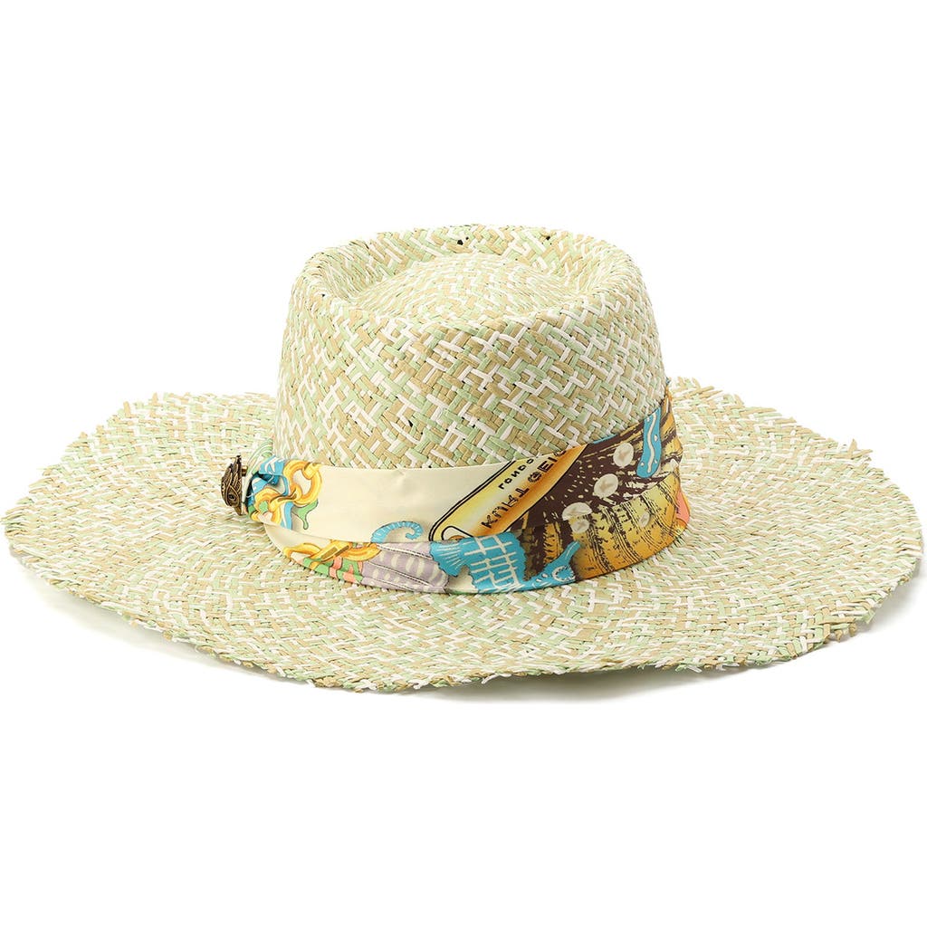 Kurt Geiger London Straw Sun Hat With Floral Print Satin Band In Green
