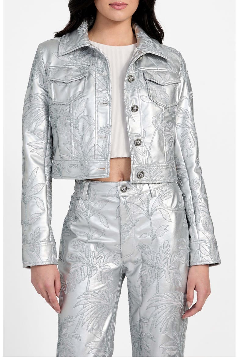 Clelia Embroidered Metallic Faux Leather Jacket, Main, color, SILVER