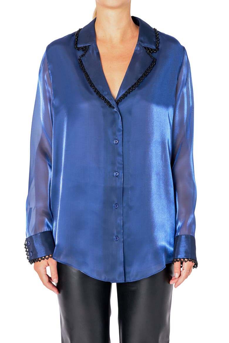 Beaded Organza Sleeve Shirt, Alternate, color, NAVY