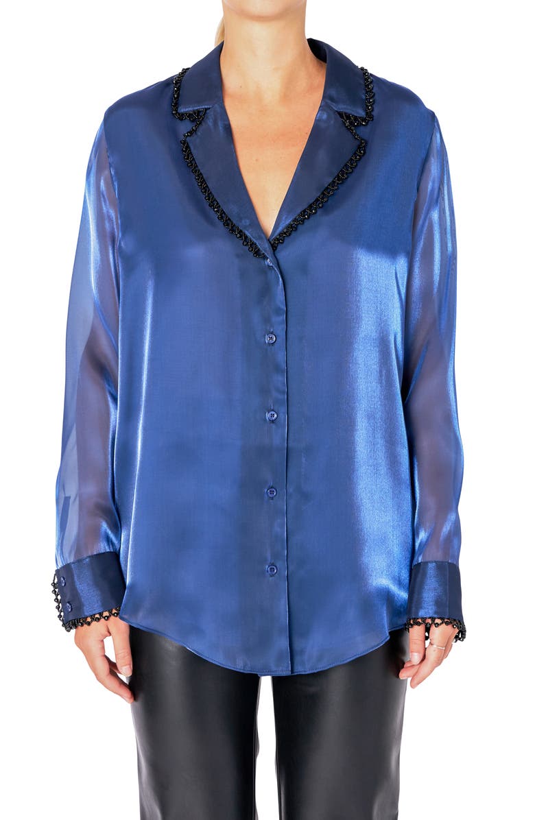 Endless Rose Beaded Organza Sleeve Shirt, Alternate, color, Navy