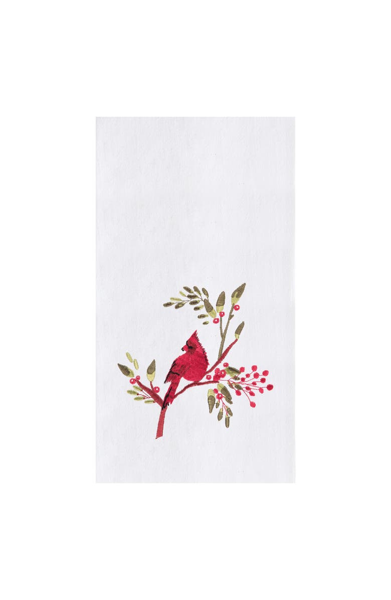 C&F Home Holiday Winter Themed Single Red Cardinal Embroidered Sitting on Red Berry Tree Flour Sack Dish towel 27L x 18W in., Main, color, 