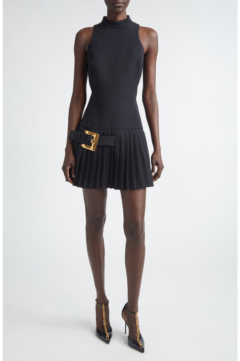 Belted Wool Grain de Poudre Minidress, Main, color, BLACK