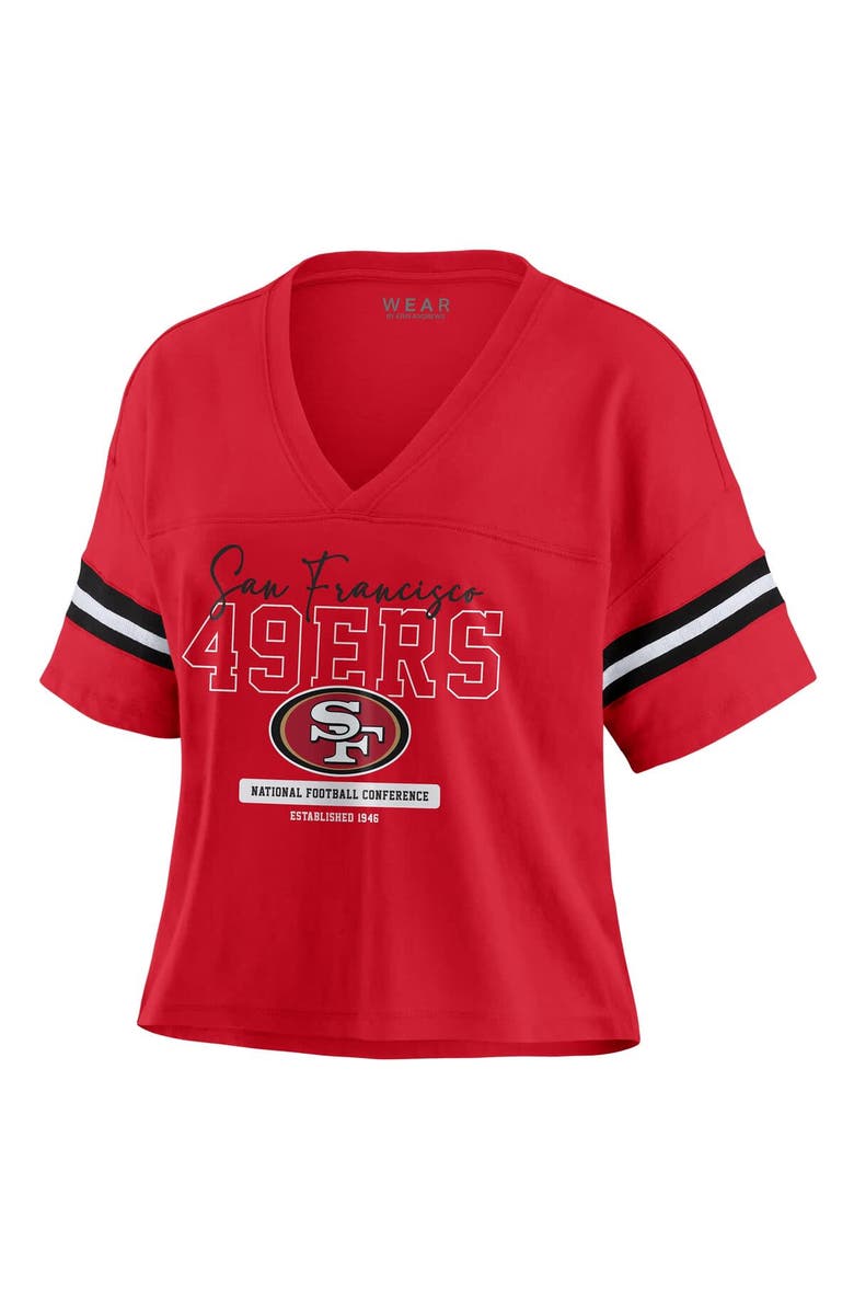 WEAR by Erin Andrews Women's WEAR by Erin Andrews Scarlet San Francisco 49ers Color Block Boxy Modest Crop V-Neck T-Shirt, Alternate, color, 