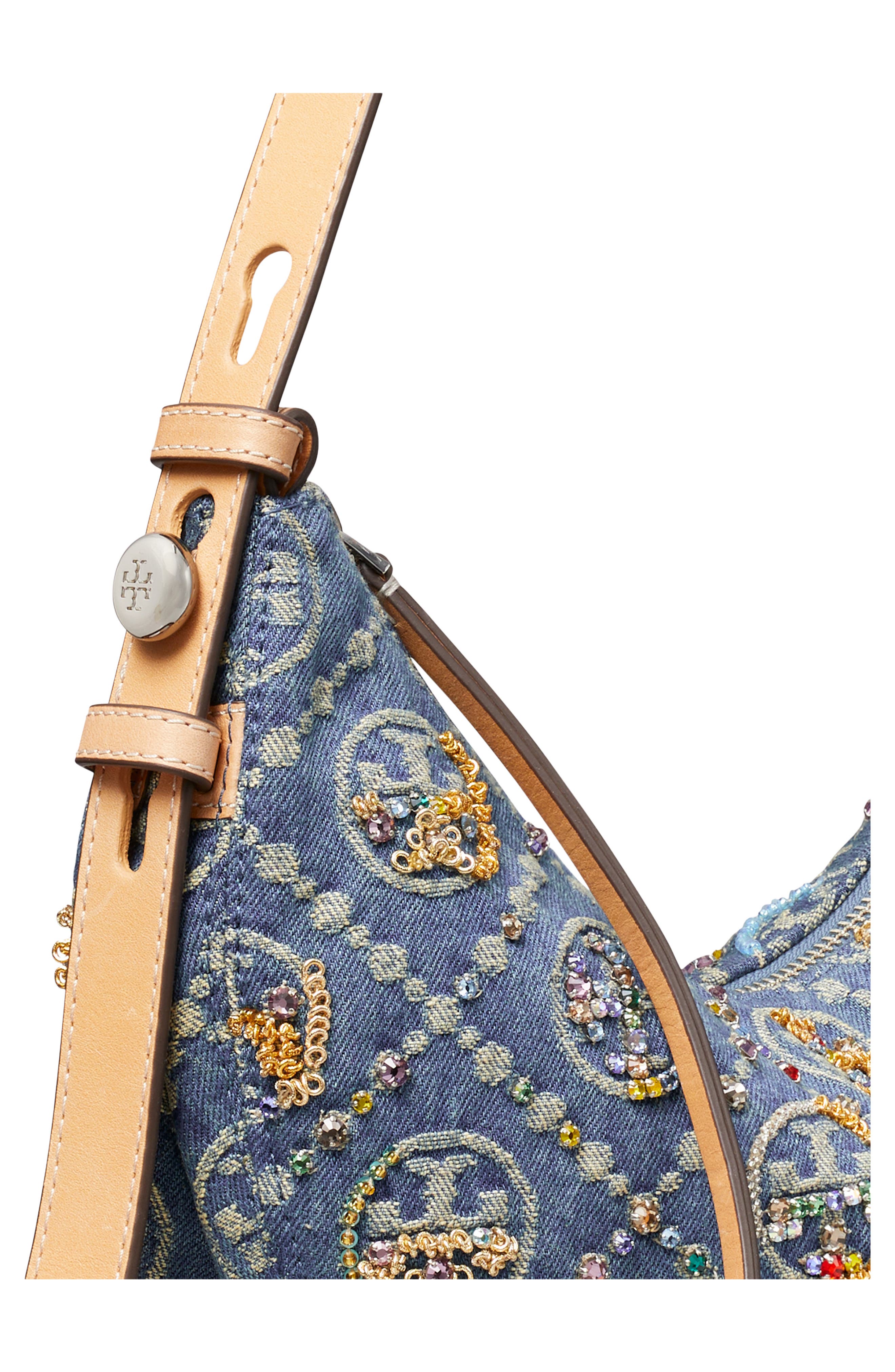 Romy T Monogram Embellished Denim Half Moon Bag, Alternate, color, BOAT HOUSE