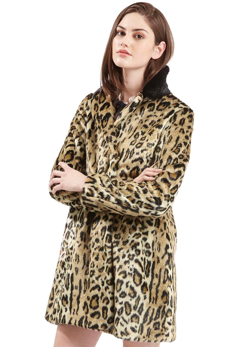 Leopard Print Faux Fur Swing Coat, Main, color, BROWN MULTI
