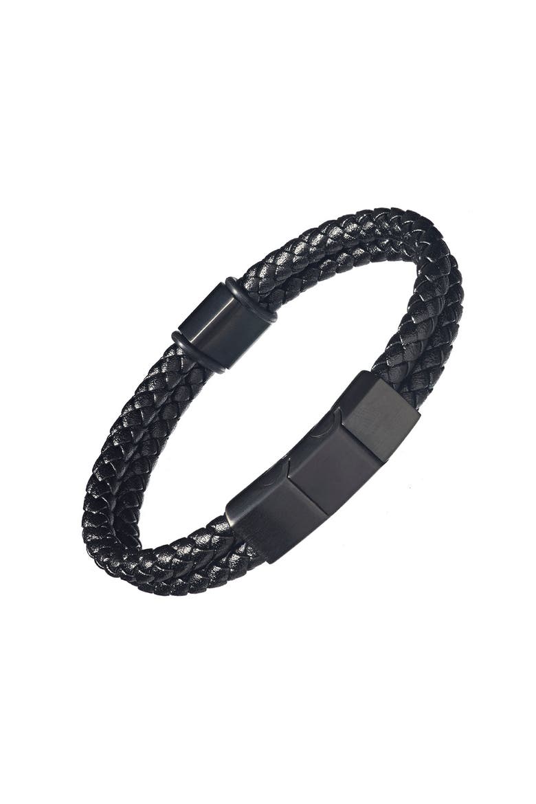 Braided Leather Bracelet with Stainless Steel Anchor Detail, Alternate, color, Black