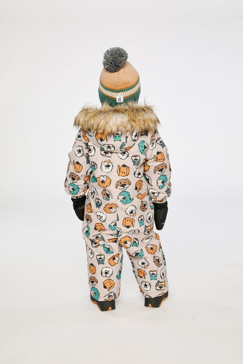 Play Dog Faux Fur Hood Car Seat One Piece Snowsuit, Alternate, color, Beige Printed with Dogs