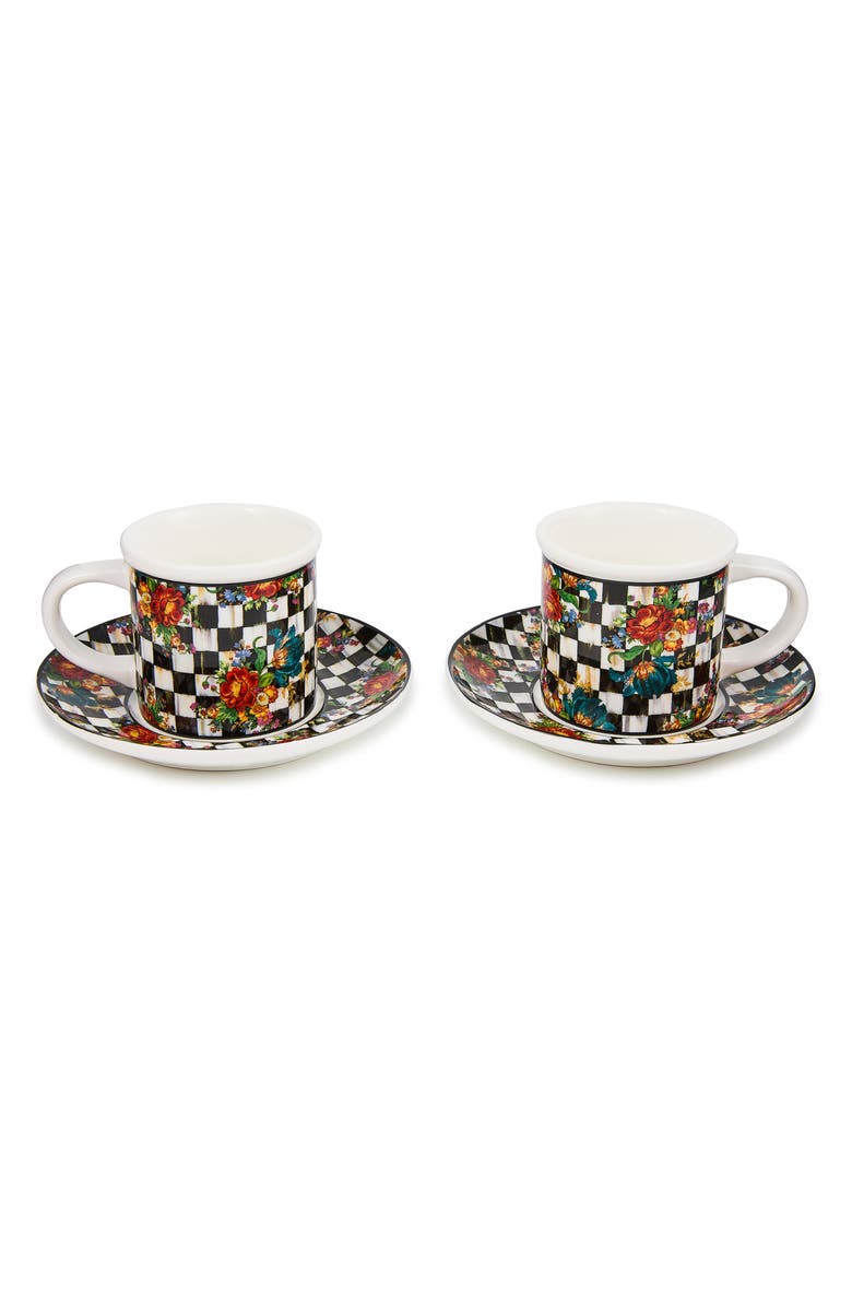 MACKENZIE CHILDS Courtly Flower Market Set of 2 Espresso Cups & Saucers, Main, color, Courtly
