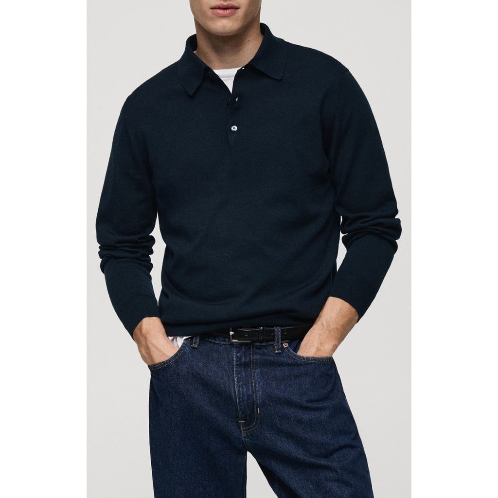 Mango Long Sleeve Wool Polo Sweater In Dark Navy