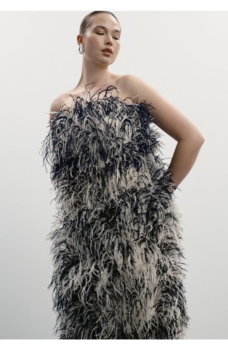 11 Honoré Ostrich Feather Strapless Maxi Dress, Alternate, color, Black And Cream