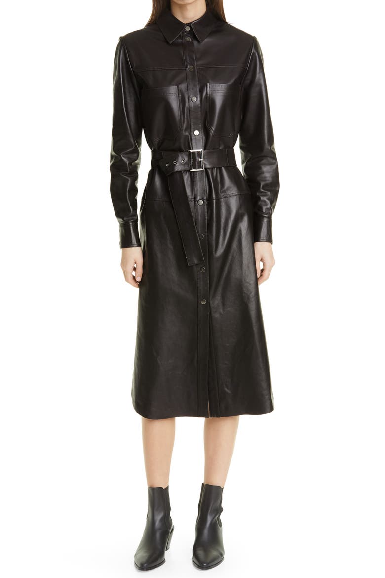 Barrkir Long Sleeve Faux Leather Shirtdress, Alternate, color, BLACK