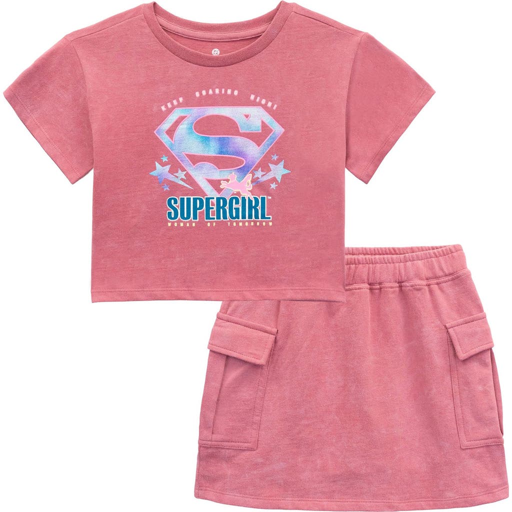 Dc Comics Kids' Justice League Supergirl Cropped 2-piece T-shirt And Wash Skort Set In Supergirl Pink Wash
