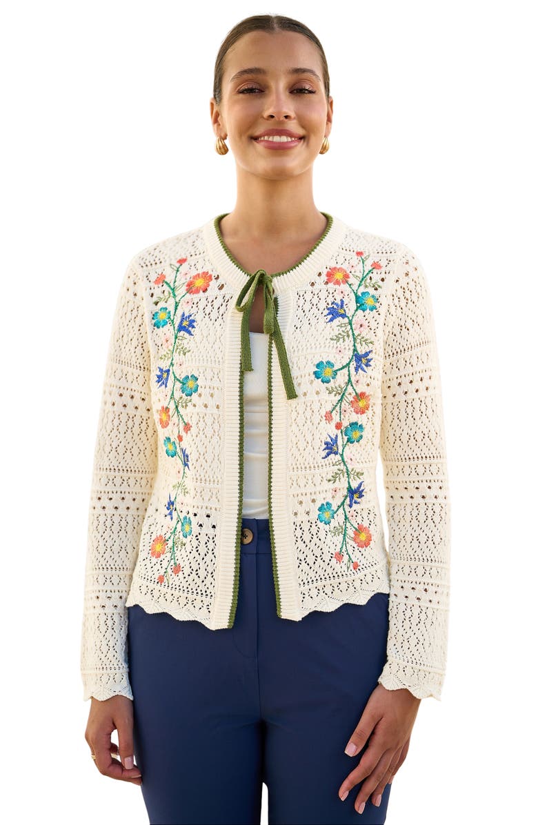 Yumi Crochet Knitted Tie Front Cardigan, Main, color, Ivory