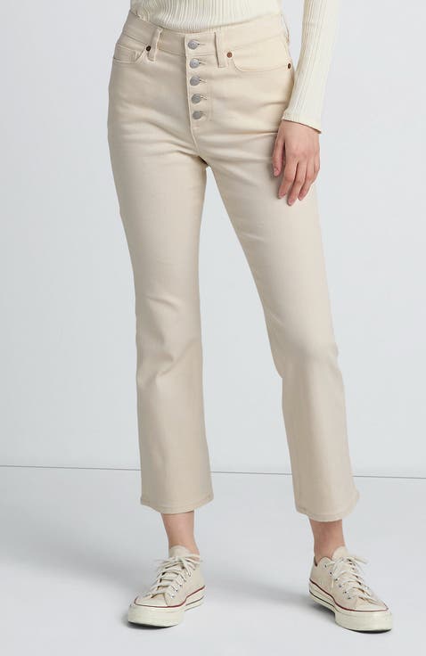 High Rise Denim Button Front Kick Flare Crop Jeans