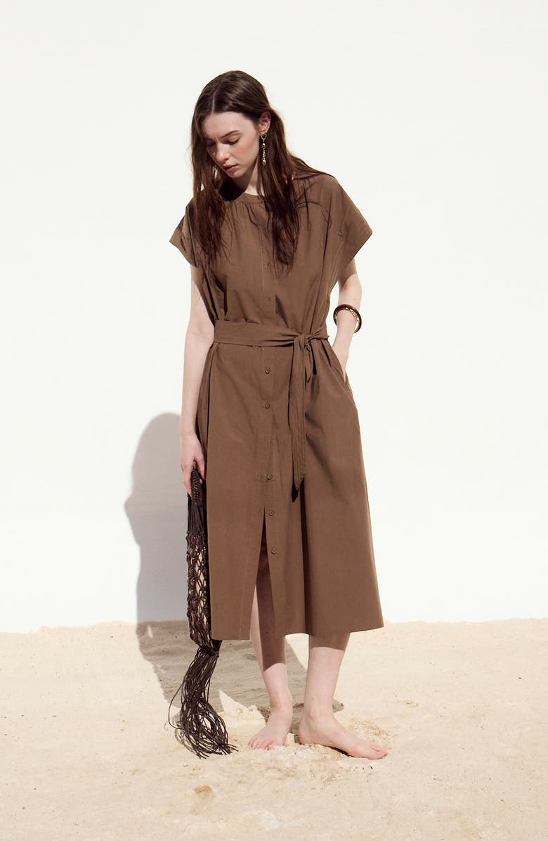 DELUC Cancela Cap Sleeve Cotton Poplin Shirtdress, Alternate, color, Pecan