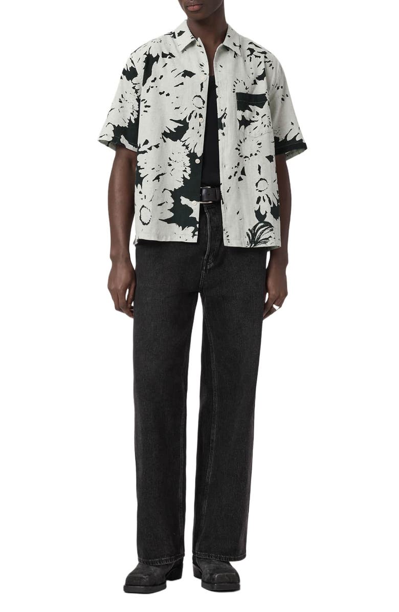 AllSaints Giron Floral Linen & Cotton Short Sleeve Button-Up Shirt, Alternate, color, Sharp White